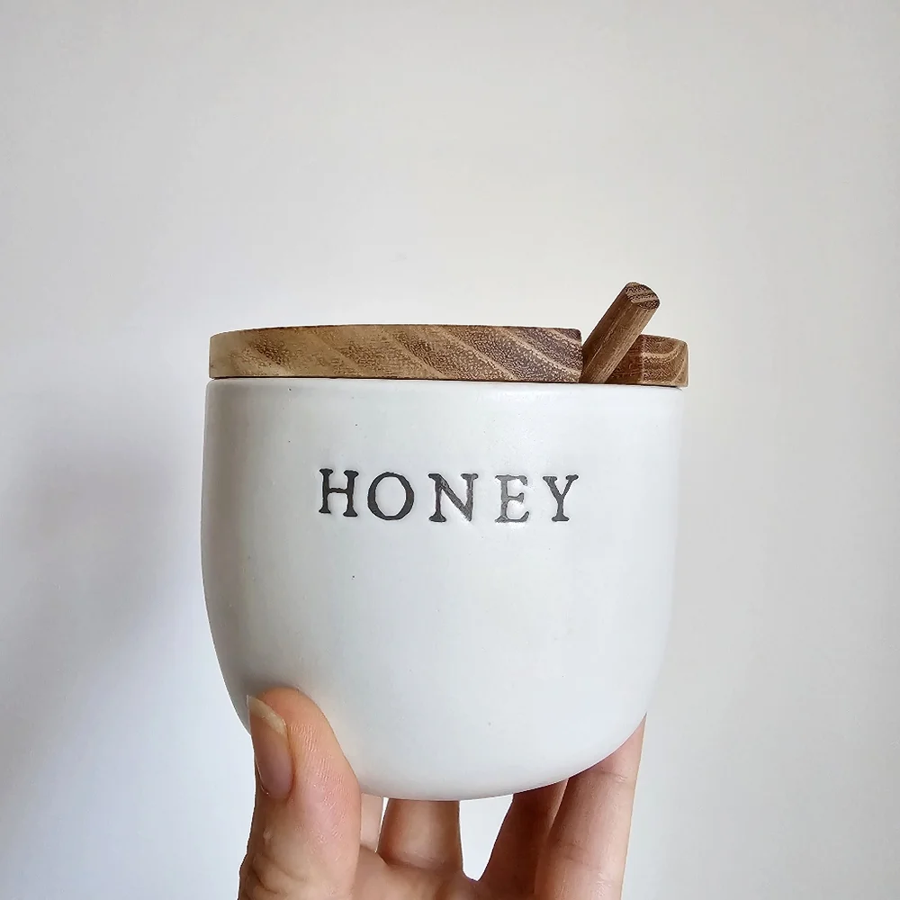 Heart & Hand With Magnolia Stonewear White Honey Jar Acacia Wooden Dipper & Lid